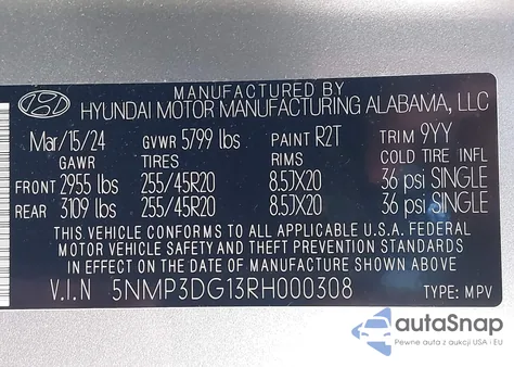 2024 Hyundai Santa Fe Hybrid Limited from USA, damaged, VIN 5NMP3DG13RH000308